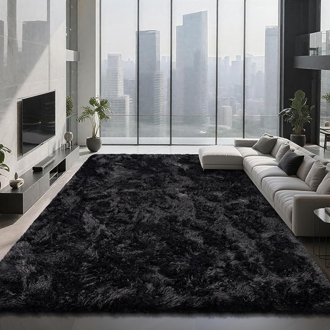 Shag Area Rugs for Bedroom Living Room,8X10 Ultra Soft Fluffy Area Rugs for Dorm, Indoor Carpet Nursery Rugs for Kids Room Home Decor, Black
