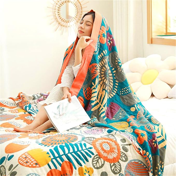 MSGKV Cotton Throw Blanket for Couch Bed 90''x98'', Floral Soft Farmhouse Blanket Spring Decorative Quilt Gifts for Women Muslin