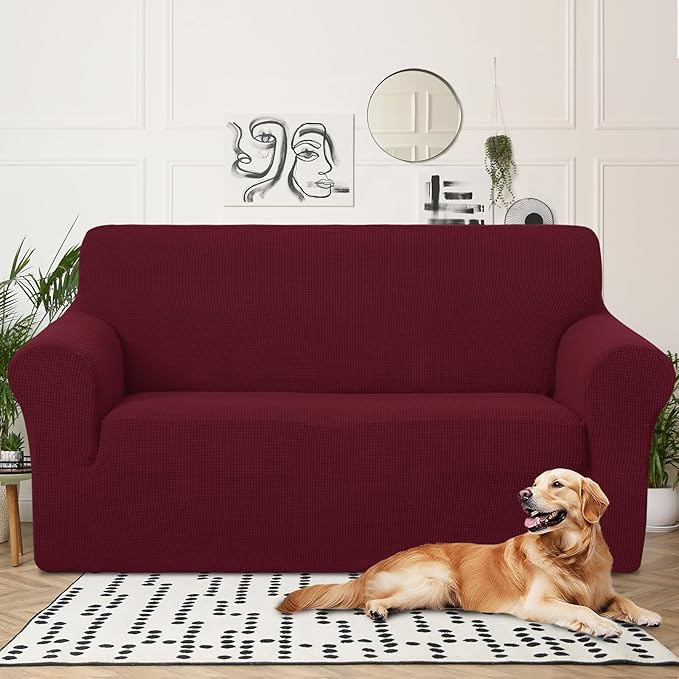U-NICE HOME Oversized Stretch Loveseat Couch Cover Sofa Covers Washable Sofa Slipcover Furniture Protector for 2 Cushion Couch Sofa Pet Friendly, Burgundy
