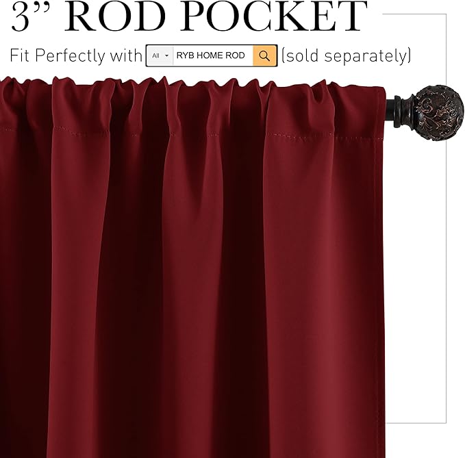 RYB HOME Blackout French Door Window Curtain Covering, Rod Pocket Thermal Insulated Privacy Non See Through Drapes for Bathroom Window, Width 29 by Length 45, Burgundy Red, 2 Panels