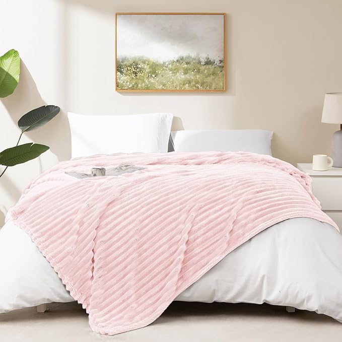 HIMEET Pink Ribbed King Size Blanket for Bed - 300GSM Lightweight Fleece Blanket for Men Women, Large Cozy Sofa Couch Bed Blankets Gifts, Striped Spring Home Room Decor, Pink, 108x90 Inches