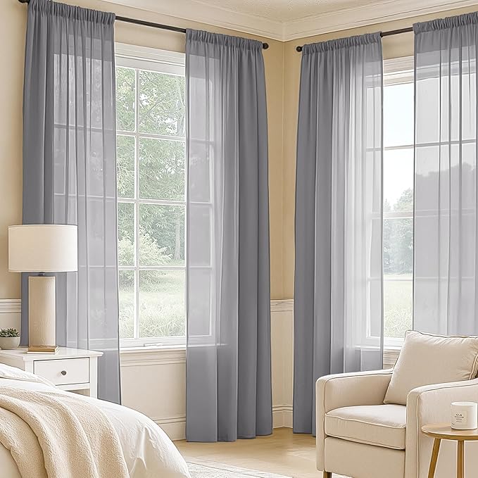MIULEE Dark Grey Sheer Curtains 90 Inches Long, 4 Panels Set, Rod Pocket Light Filtering Window Drapes for Bedroom and Living Room, Elegant Airy Fabric, 54 x 90 Inches