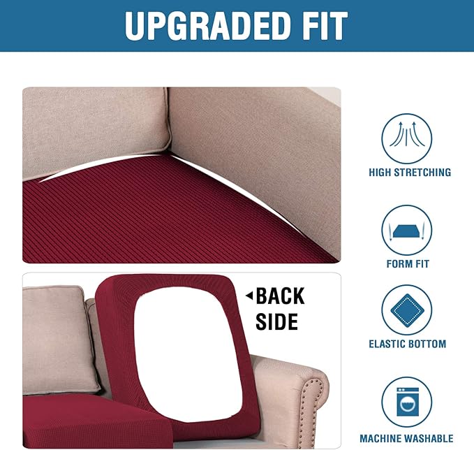 H.VERSAILTEX Super Stretch Couch Cushion Covers Sofa Cushion Slipcovers Jacquard Fabric Individual Seat Couch Slipcover Sets for Pets with Elastic Bottom(3 Packs Cushion Sofa Covers, Burgundy Red)