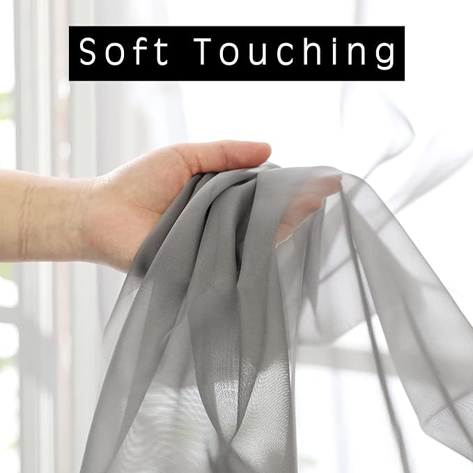 OVZME Voile Sheer Curtains with Decorative Rod Pocket, Modern Airy and Clean Selvedge Window Treatment Panels for Kitchen Room, Each 42" W x 45“L, Set of 2 Panels, Charcoal Grey.