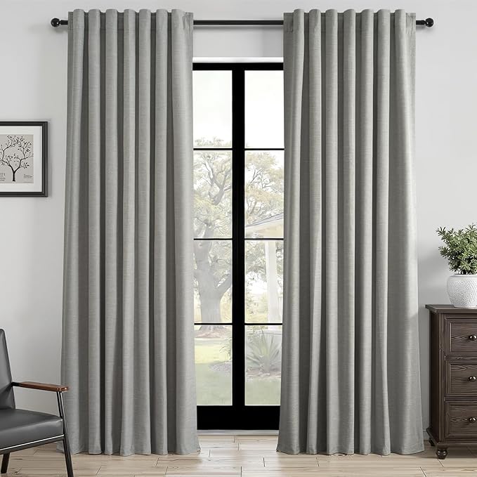 Topfinel Grey Linen Blackout Curtains 90 Inches Long for Bedroom Living Room 100% Black Out Thermal Insulated Ring Hooks Back Tab Room Darkening Pleated Drapes Dark Gray 90 Inch Curtain 2 Panels