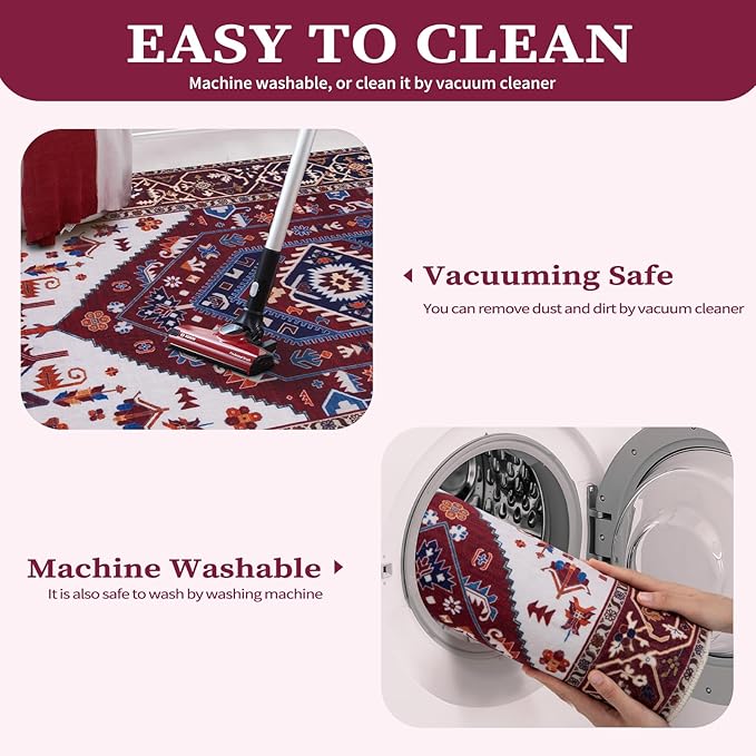 SERISSA 9x12 Area Rugs for Living Room, Large Washable Non-Slip Boho Rug, Ultra Soft Vintage Burgundy Navy Oriental Tribal Print Distressed Carpet for Dining Room Bedroom Dorm Office Home Decor