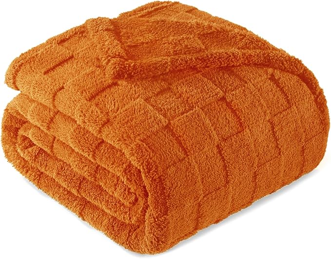 Exclusivo Mezcla Twin Size Flannel Fleece Blanket, Super Soft and Warm Lightweight Checkered Pattern Blanket for All Seasons, 60x80 Inches, Burnt Orange