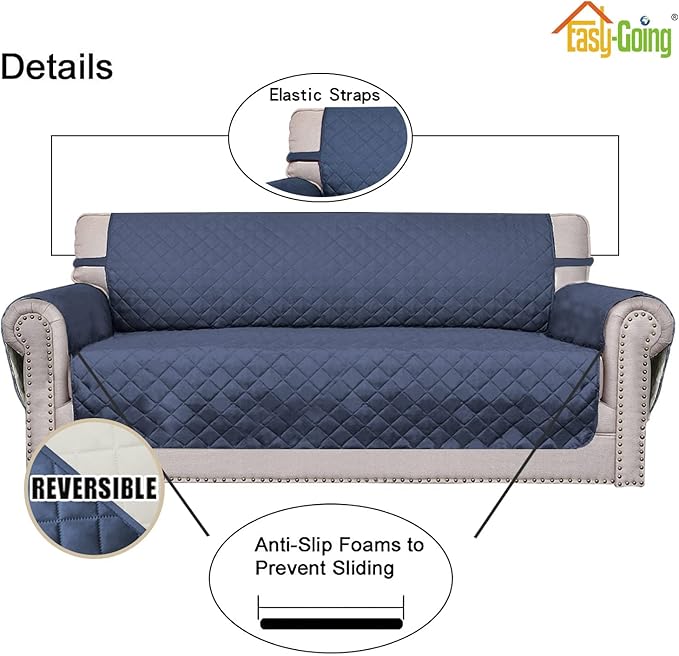 Easy-Going Reversible Loveseat Couch Cover for 2 Cushion Couch Sofa Cover for Dogs Water Resistant Furniture Protector with Foam Sticks Elastic Straps for Pet (Loveseat, Dark Blue/Ivory)
