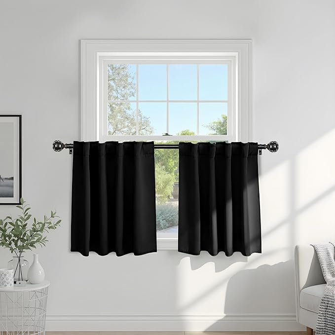 PONY DANCE Small Blackout Curtains for Kitchen Curtain Set - Nursery Short Drapes Panels Window Treatments Light Blocking Drapes for Bathroom, 42 Wide by 30 Inches Long, Black, 2 Panels