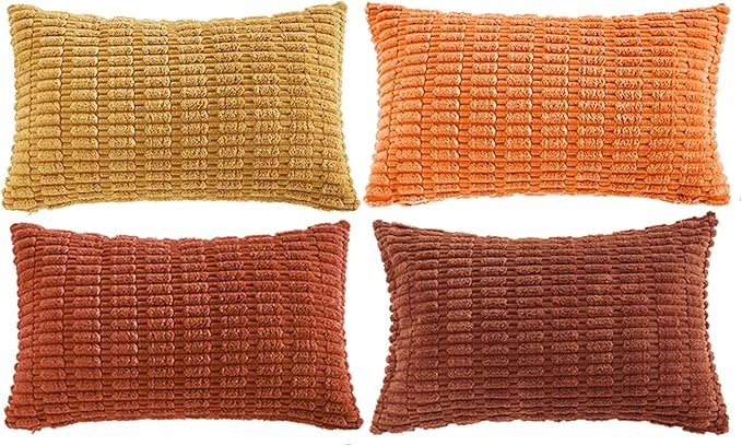 Fancy Homi Set of 4 Burnt Orange Fall Lumbar Rectangle Decorative Throw Pillow Covers 14x24 Inch for Couch Bed Chair, Farmhouse Boho Room Decor, Soft Fuzzy Thick Corduroy Textured Cushion Case 35x60cm