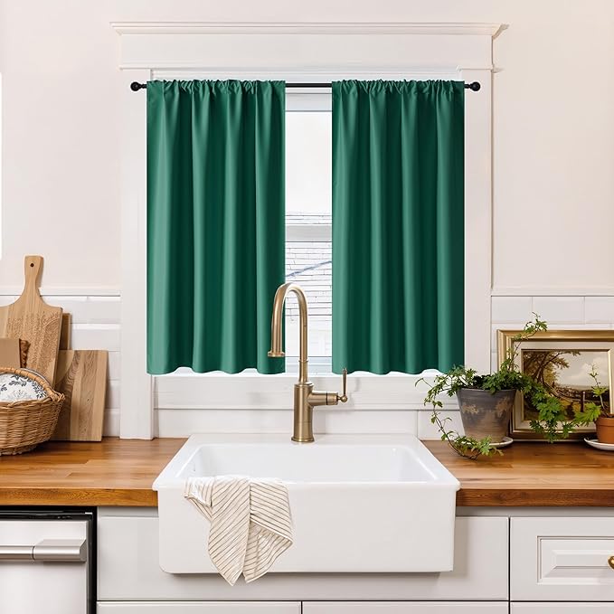 RYB HOME 100% Blackout Short Curtains for Small Window, Thermal Insulated Total Room Darkening Noise Reducing Curtains for Kitchen Bathroom Basement, 34 inches Wide by 45 inches Long, Dark Green