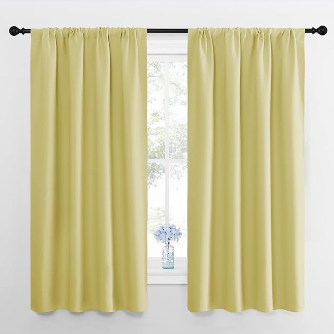 NICETOWN Kitchen Curtains, Short Blackout Curtains & Drapes, Paler Yellow, 34 in x 45 in (W x L), Set of 2, Thermal Insulated Rod Pocket Window Treatment Draperies for Nursery