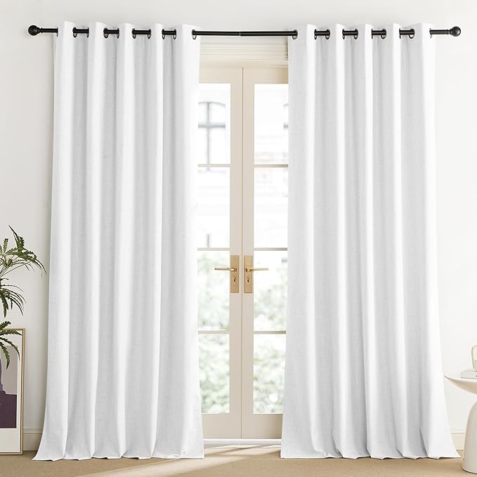 NICETOWN 100% Absolutely Blackout Linen Curtains with Thermal Insulated Liner, Greyish White, 62" Wide, 84" Length Energy Saving Curtains for Living Room 2 Panels Set, Vertical Blinds