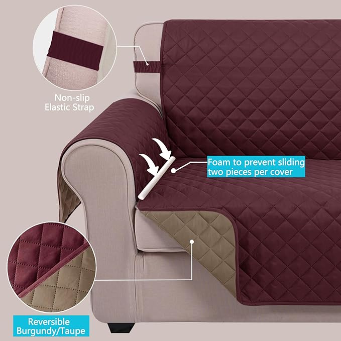 U-NICE HOME Reversible Oversized Chair Covers Quilted Water Repellent Pet Protectors with Elastic Straps(28''Armchair, Burgundy/Tan)