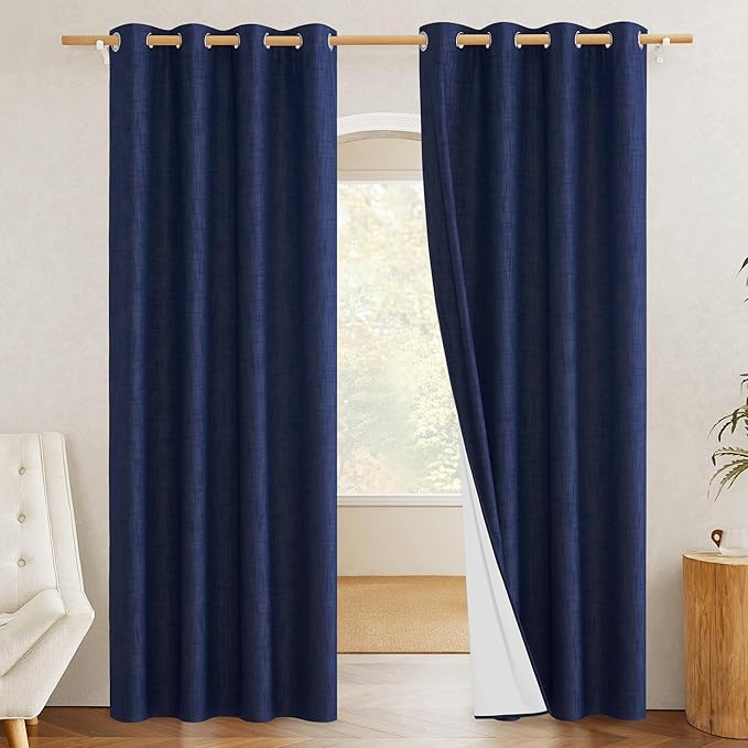 NICETOWN Vintage Open Linen Weave Flax Thermal Curtains, 100% Blackout Curtains 90" Long for Dining Room, Soundproof Window Treatment Drapes for Hall Room, Black, 42" Wide Per Panel, Set of 2