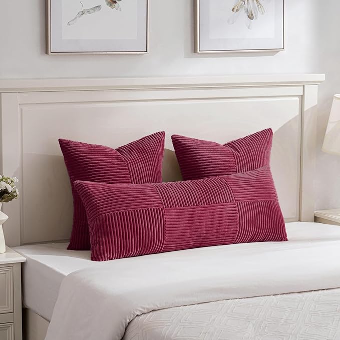 Fancy Homi 2 Packs Burgundy Red Decorative Throw Pillow Covers 18x18 Inch for Living Room Couch Sofa, Boho Christmas Home Decor, Soft Corss Corduroy Patchwork Textured Square Cushion Case 45x45 cm