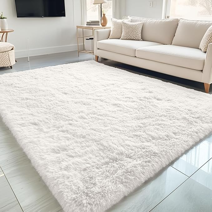 OLANLY 5x10 Machine Washable Large Area Rugs for Living Room, Bedroom, Soft Fluffy Shaggy Bedside Rug, Indoor Floor Carpet for Kids Girls and Boys, Dorms, Nursery, Home Decor Aesthetic, Ivory