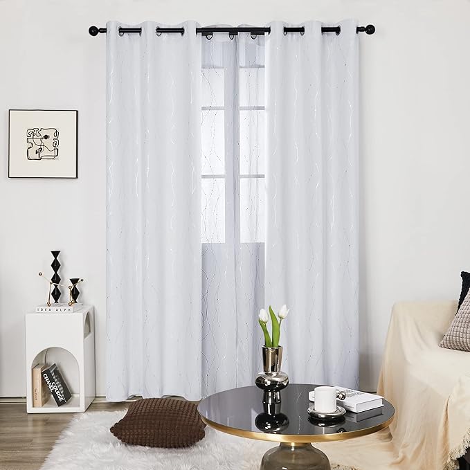 Deconovo Living Room Curtains, Room Darkening Drapes, Thermal Insulated Soundproof Grommet Drape, Silver Wave Dots Print, 42 x 84 Inch, Machine Washable Window Panels for Bedroom Office, Set of 2