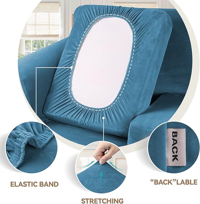 WEERRW 4 Pieces Velvet High Stretch Couch Covers for 3 Cushion Couch Sofa Slipcovers, Washable Furniture Protector with Non Slip Elastic Bottom, Feature Soft Plush Fabric, Peacock Blue, Large