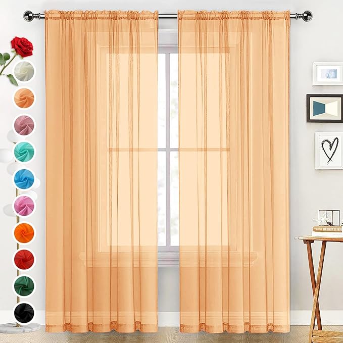 SpaceDresser Sheer Voile Window Treatment Rod Pocket Curtain Panels for Kitchen Bedroom Living Room Drapes Sunlight Filtering Privacy Semi Home Decor Assorted Colors Sizes (Beige, 52 W x 108 L)