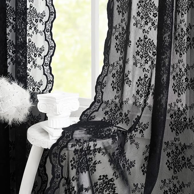 YJ YANJUN Vintage Lace Curtains 54 inch Length Victorian Floral Pattern Goth Halloween Short Black Sheer Curtain Panels for Bathroom Kitchen Window Coffin/Witchy/Gothic Home Decor W52 x L54 Inch