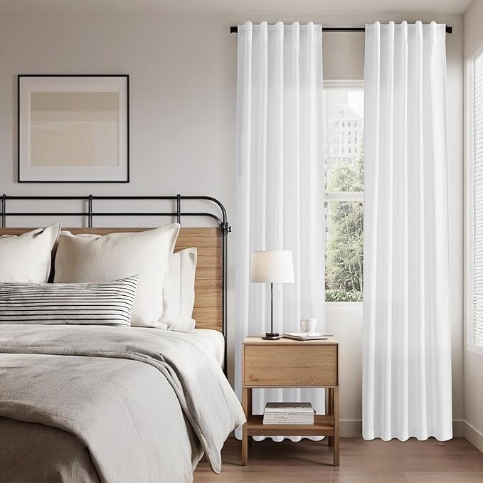 Nanspring Linen 72 Inch Curtains for Living Room Pure White Modern Farmhouse Semi Sheer Curtains Back Tab and Rod Pocket Linen Textured Curtain Drapes for Bedroom 34 x 72 Inch, 2 Panels