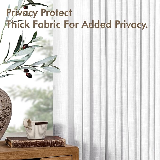 MIULEE Pinch Pleated White Thick Linen Curtains 90 Inches Long 2 Panels, Linen Texture Memory Trained Drapes for Living Room Bedroom, Pinch Pleat Back Tab Light Filtering Farmhouse Window Curtains