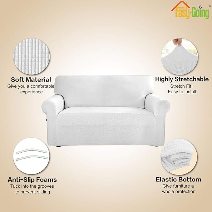 Easy-Going Stretch 4 Seater Sofa Slipcover 1-Piece Sofa Cover Furniture Protector Couch Soft with Elastic Bottom for Kids, Polyester Spandex Jacquard Fabric Small Checks Snow White