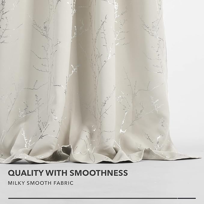 Deconovo Short Kitchen Curtains, Room Darkening Curtain Beige, Thermal Insulated Soundproof Drapes, Silver Branch Print, 42 x 54 Inch, Machine Washable Window Panels for Living Room Office, Set of 2