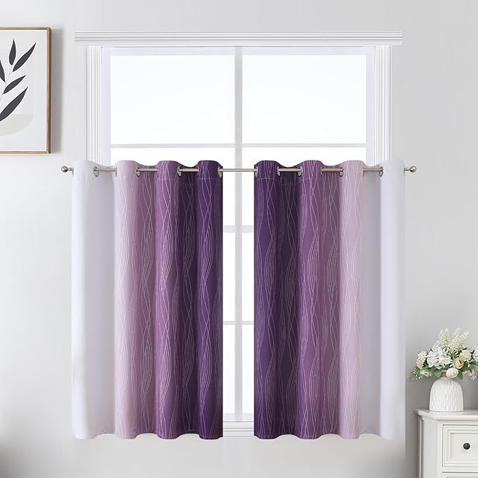 Estelar Textiler Purple and Greyish White Ombre Short Blackout Kitchen Curtains 36 Inch Long, Thermal Insulated Grommet Small Half Window Drapes for Cafe/Basement/RV Camper, 52Wx36L, 2 Panels