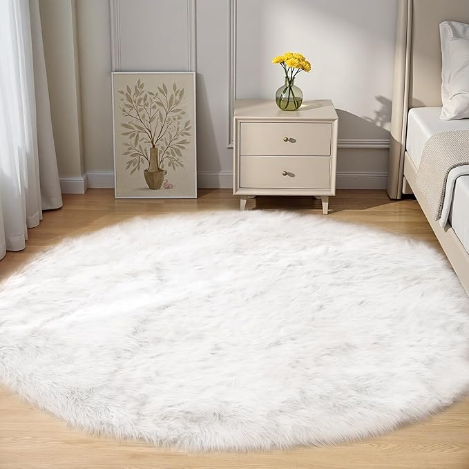 Goolela White Round Area Rug 6ft Fluffy Fuzzy Circle Sheepskin Rug for Bedroom Living Room Faux Fur Furry Carpet Luxury Plush Washable