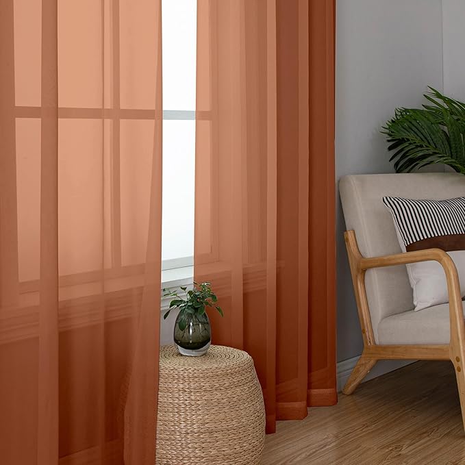 Chyhomenyc Orange Sheer Curtains 54 Inch Long 2 Panels, Short Voile Drapes for Dinning Small Windows Bathroom Living Room Bedroom, Rod Pocket, 42Wx54L Inches