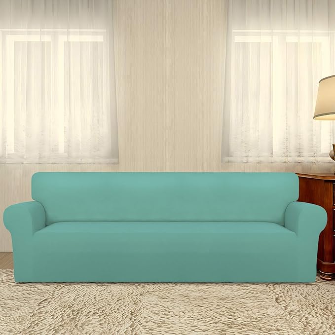 PureFit Super Stretch 4 Seater Sofa Slipcover – Spandex Non Slip Soft Couch Sofa Cover, Washable Furniture Protector with Non Skid Foam and Elastic Bottom for Kids, Pets （XX Large, Cyan）