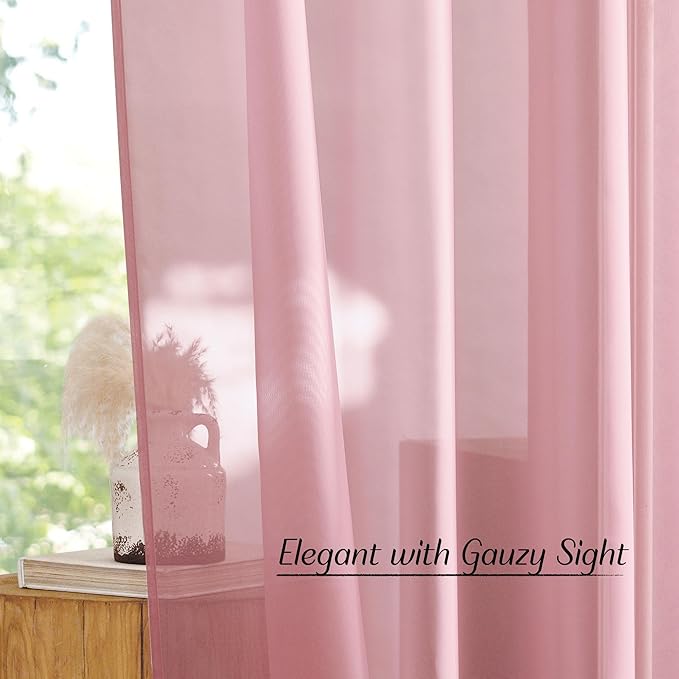 NICETOWN Pink Sheer Curtains 2 Panels for Girls Room, Grommet Voile Sheer Window Treatments Airy & Elegant Light Filtering Drapes for Bedroom, W54 x L84, 2 Panels