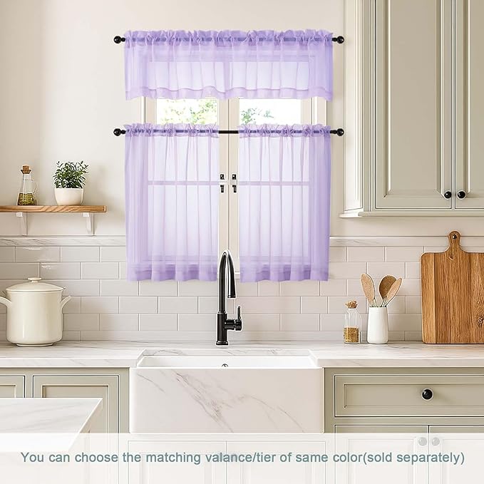 Small Sheer Curtains Tier 24 Inches Length 2 Pieces, Light Filtering Cafe Curtains for Living Room Bathroom, Modern Window Treatments Dual Rod Pocket Panels, Lavender, 2X42Wx24L Inches