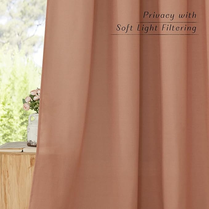 NICETOWN Linen Flax Semi Sheer Curtains 92" Length, Grommet Window Treatments Privacy Added with Light Penetration Vertical Drapes for Loft/Home Office, Terracotta, W55 x L92, 2 Panels