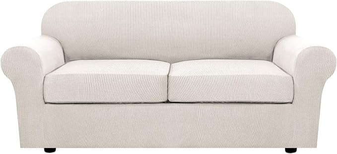 H.VERSAILTEX 3 Piece Stretch Sofa Covers for 2 Cushion Sofa Couch Covers for Living Room Sofa Slipcovers (Base Cover Plus 2 Seat Cushion Covers) Thicker Jacquard Fabric(Large Sofa, Ivory)