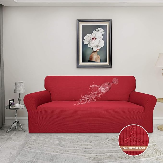Easy-Going 100% Waterproof Couch Cover, Dual Waterproof Sofa Cover, Stretch Jacquard Sofa Slipcover, Leakproof Furniture Protector for Kids, Pets, Dog and Cat (Sofa, Christmas Red)