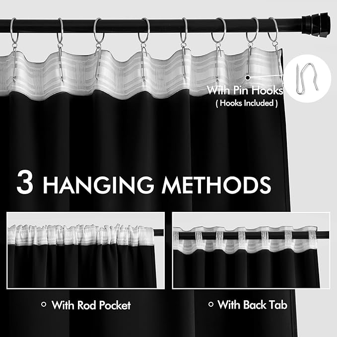 MIULEE Black Back Tab Blackout Curtains 63 Inches Long 2 Panels Set for Living Room Bedroom Privacy, Halloween Rod Pocket/Pinch Pleat Thermal Insulated Room Darkening Pleated Light Blocking Drapes