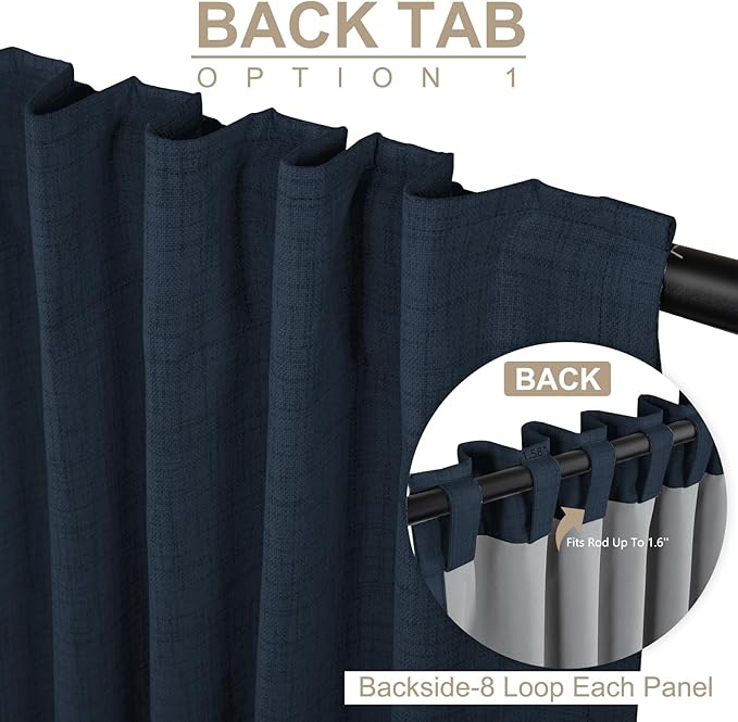 100% Blackout Shield Linen Blackout Curtains for Bedroom 96 Inches Long, Back Tab/Rod Pocket Living Room Drapes, Thermal Insulated Blackout Curtains 2 Panels Set, 50" W x 96" L, Navy