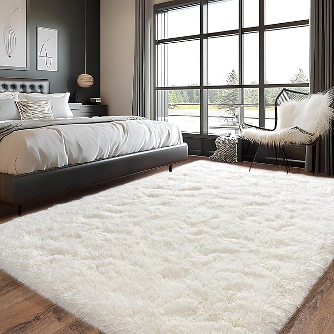Pionblank Super Fluffy Area Rug for Bedroom 5x7, Modern Indoor Shag Carpet, Soft Plush Non Slip Rugs for Living Room Kids Room Cloakroom Home Decor, Cream White