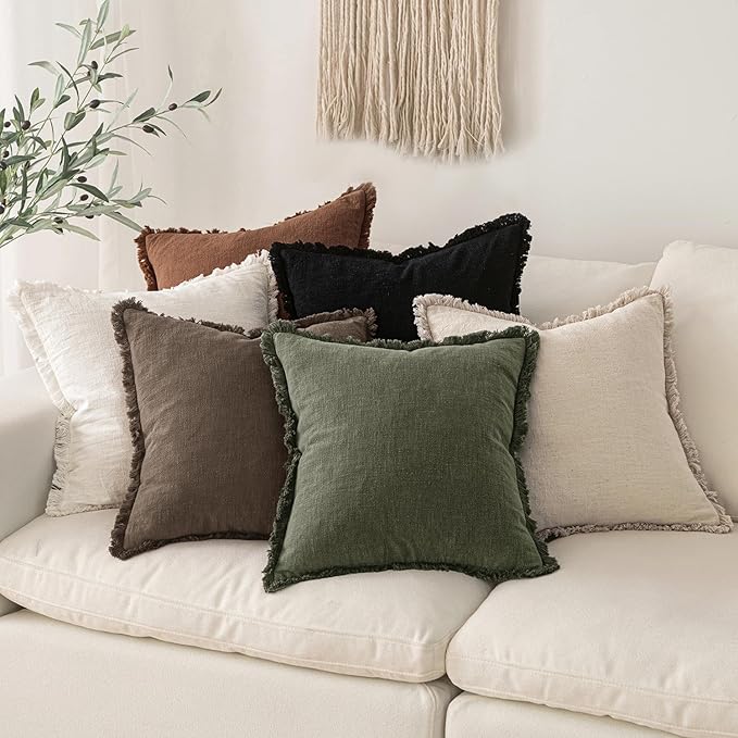 MIULEE Decorative Throw Pillow Covers Neutral Linen Fringe Throw Pillows Euro Shams Set of 2 Chocolate Brown Boho Farmhouse Cushion Covers for Couch Sofa Bed Living Room Spring Home Decor 22x22 Inch