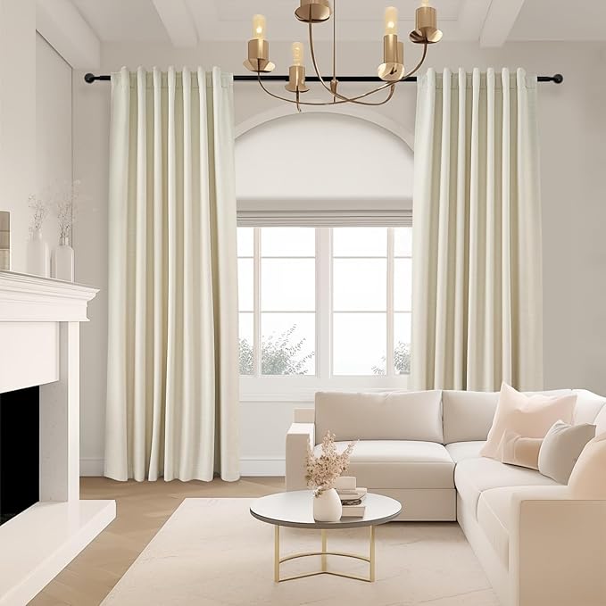 Cream Extra Long 132 Inch 100% Blackout Curtains for Livingroom Neutral Boho Linen Blend Farmhouse Curtain Drapes Sound Proof Drapes Privacy Ceiling Track Villa Bedroom 11Ft(W52 xL132 2 Panels)