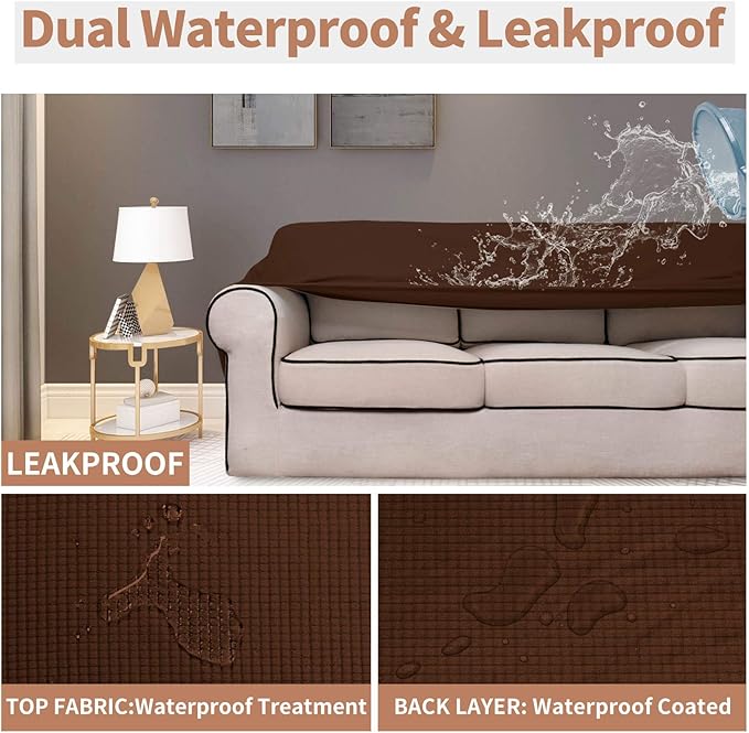 Easy-Going 100% Waterproof Loveseat Couch Cover, Dual Waterproof Sofa Cover, Stretch Jacquard Sofa Slipcover, Leakproof Furniture Protector for Kids, Pets, Dog and Cat (Loveseat, Coffee)