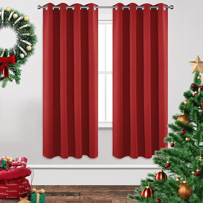 Joydeco Blackout Curtains 72 Inch Length 2 Panels Set, Thermal Insulated Long Curtains& Drapes 2 Burg, Room Darkening Grommet Drapes for Living Room Bedroom Window (W52 x L72 Inch, Red)