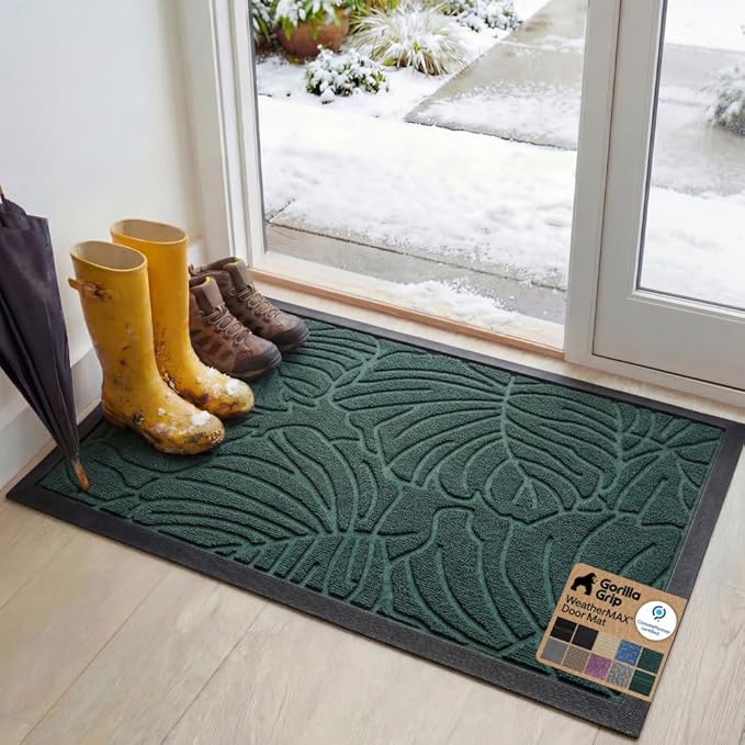 GORILLA GRIP 100% Waterproof All-Season WeatherMAX Doormat, 47x35, US Designed Natural Rubber, Stain and Fade Resistant, Low Profile Indoor Outdoor Door Mats, Easy Clean Patio Mat, Green Palm