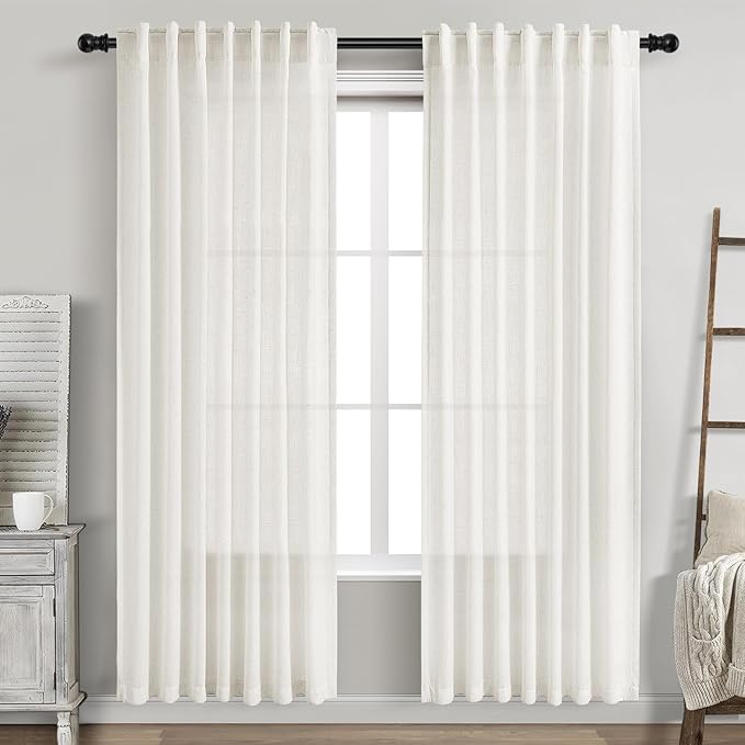 Nanspring Beige White Linen Curtains for Living Room 78 Inches Long Back Tab and Rod Pocket Light Filtering Semi Sheer Curtain Rustic Farmhouse Decor Luxury Drapes for Bedroom Office 52x78, 2 Panels