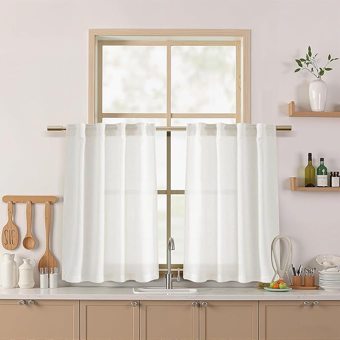 Nanspring Beige White Linen Curtains 36 Inch Length for Kitchen Window Cafe Curtain Privacy Semi Sheer Front Door Small Window Curtain Back Tab Rod Pocket for Bathroom Basement 26 X 36, 2 Panels