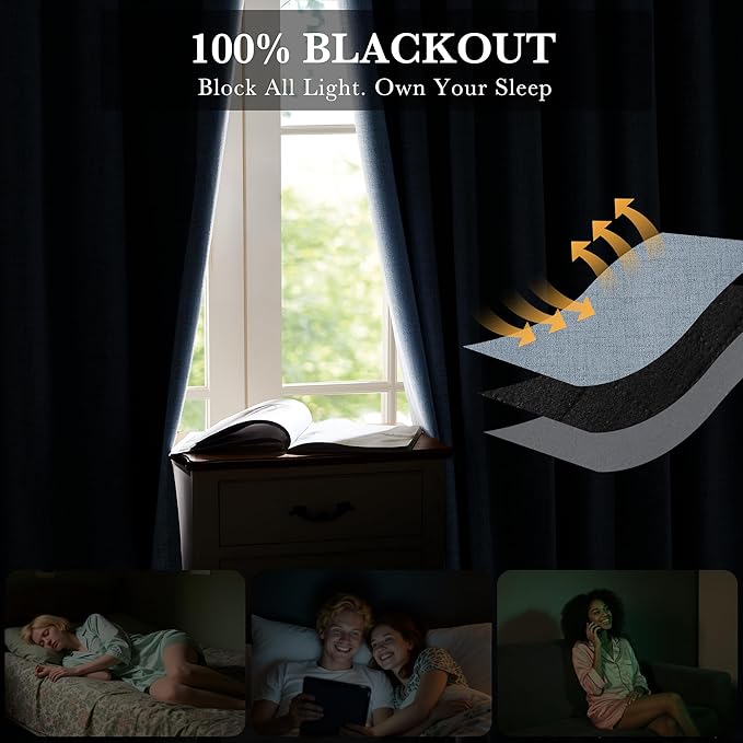 RYB HOME Smoky Blue 100% Blackout Curtains 63 inch Long, Light Blacking & Thermal Insulated Curtains for Nursery/Bedroom/Boys'Room, Back Tab & Rod Pocket Window Treatment, W52 x L63, 2 Panels