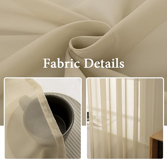 MIULEE 2 Panels Solid Color Sheer Window Curtains Elegant Window Voile Panels/Drapes/Treatment for Bedroom Living Room (54X54 Inches Beige)